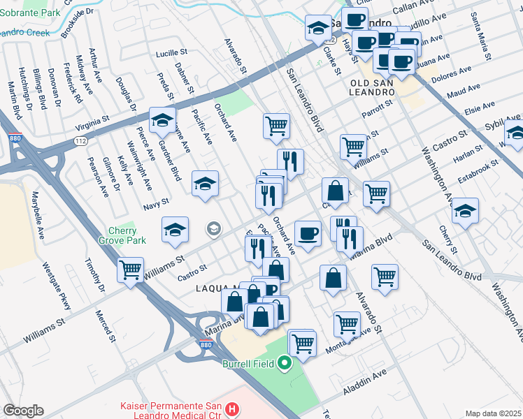 map of restaurants, bars, coffee shops, grocery stores, and more near 1822 Pacific Avenue in San Leandro