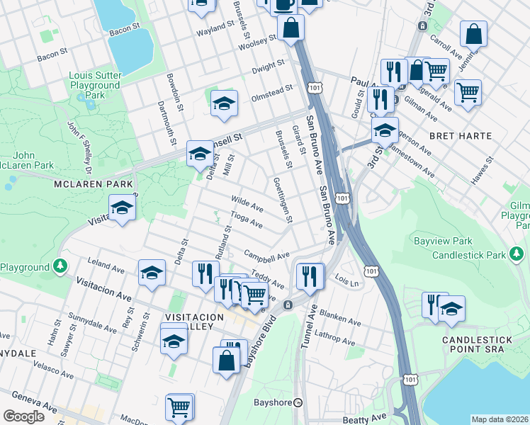 map of restaurants, bars, coffee shops, grocery stores, and more near 18 Tioga Avenue in San Francisco