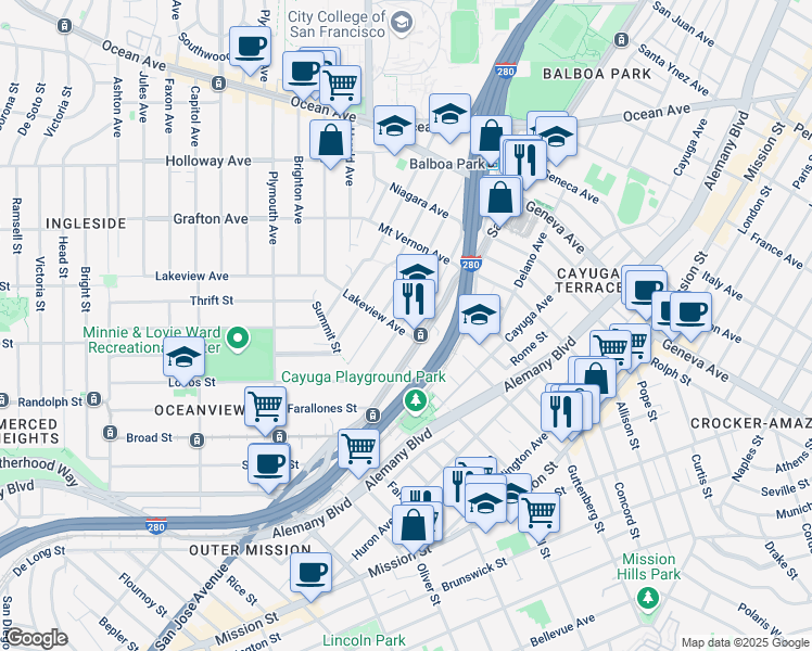 map of restaurants, bars, coffee shops, grocery stores, and more near 2614 San Jose Avenue in San Francisco