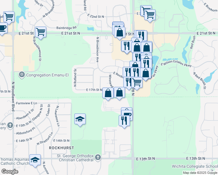 map of restaurants, bars, coffee shops, grocery stores, and more near 7517 East 17th Street North in Wichita