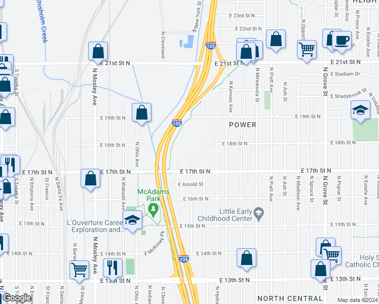 map of restaurants, bars, coffee shops, grocery stores, and more near 1524 East 17th Street North in Wichita
