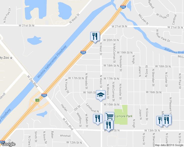 map of restaurants, bars, coffee shops, grocery stores, and more near 4101-4199 West 17th Street North in Wichita