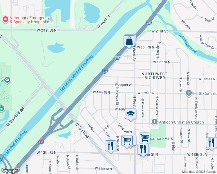 map of restaurants, bars, coffee shops, grocery stores, and more near 1761 Lynnhurst Street in Wichita