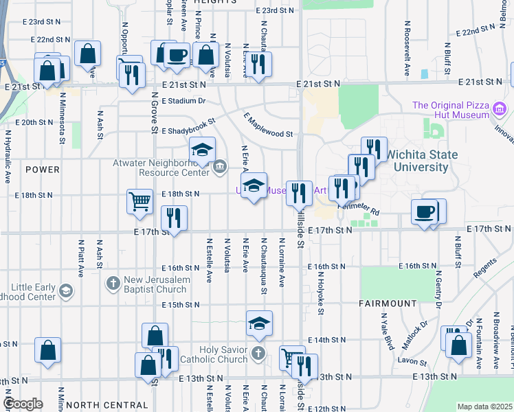 map of restaurants, bars, coffee shops, grocery stores, and more near 1847 North Chautauqua Avenue in Wichita