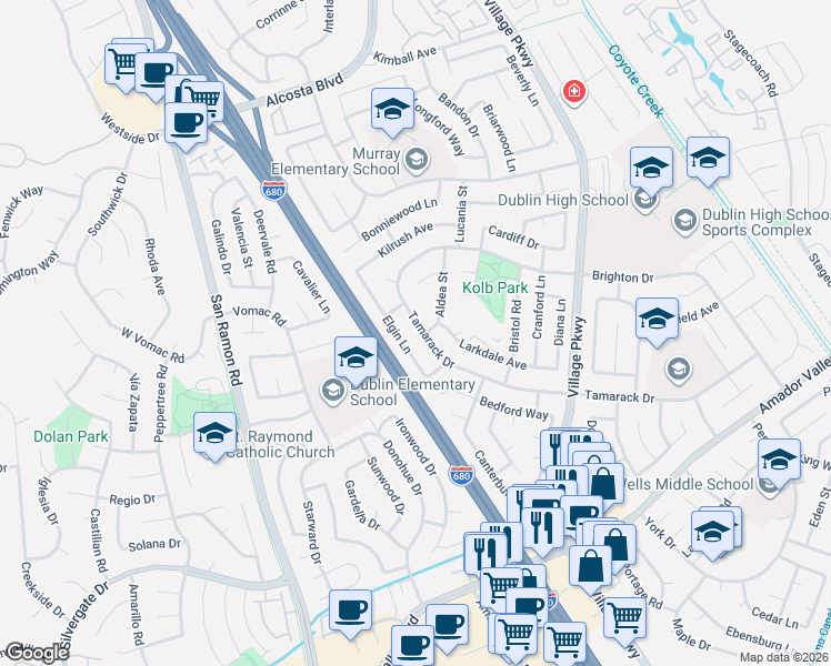 map of restaurants, bars, coffee shops, grocery stores, and more near 8090 Elgin Lane in Dublin