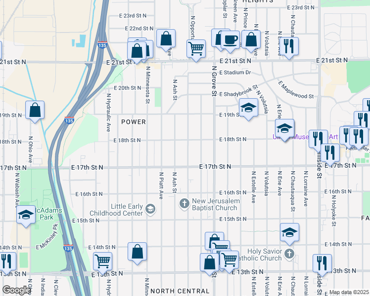 map of restaurants, bars, coffee shops, grocery stores, and more near 1841 North Madison Avenue in Wichita