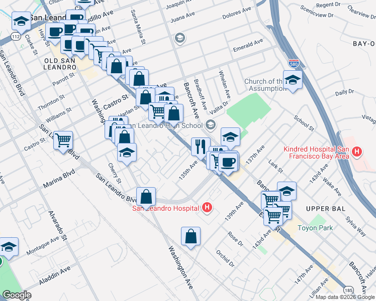 map of restaurants, bars, coffee shops, grocery stores, and more near 2399 East 14th Street in San Leandro