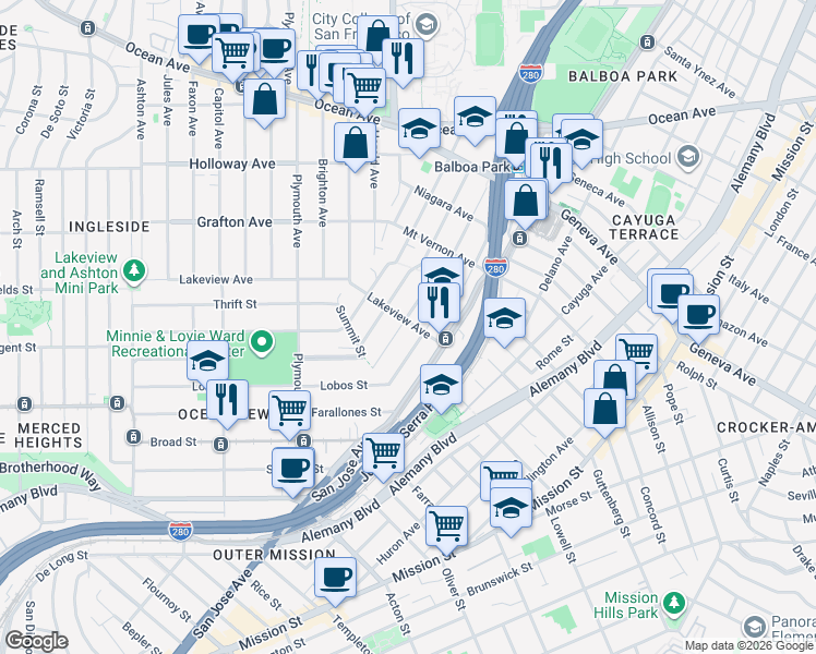 map of restaurants, bars, coffee shops, grocery stores, and more near 135 Lakeview Avenue in San Francisco