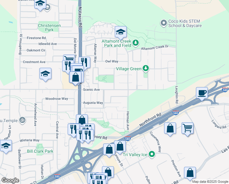 map of restaurants, bars, coffee shops, grocery stores, and more near 6381 Scenic Avenue in Livermore