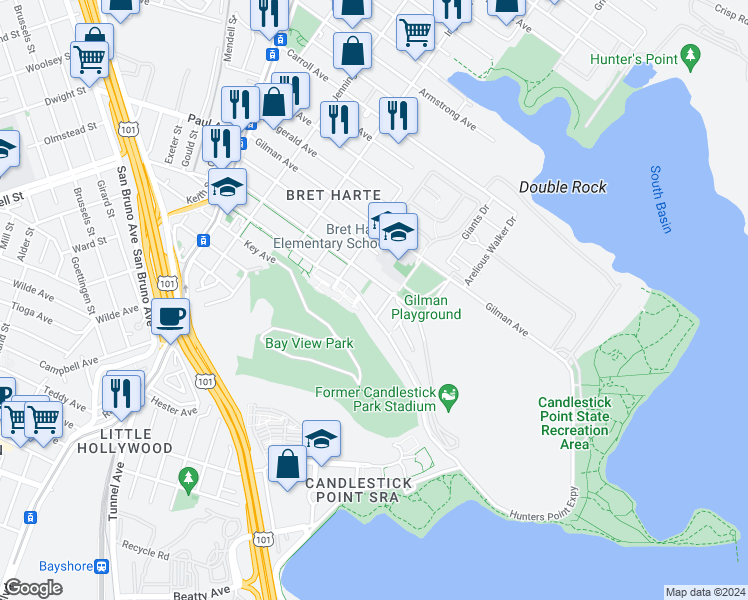 map of restaurants, bars, coffee shops, grocery stores, and more near 822 Jamestown Avenue in San Francisco