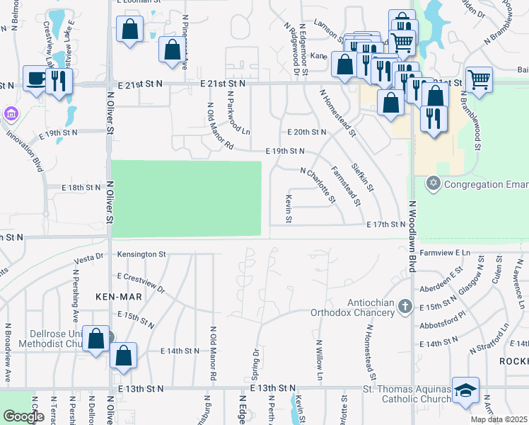 map of restaurants, bars, coffee shops, grocery stores, and more near 1821 North Edgemoor Street in Wichita