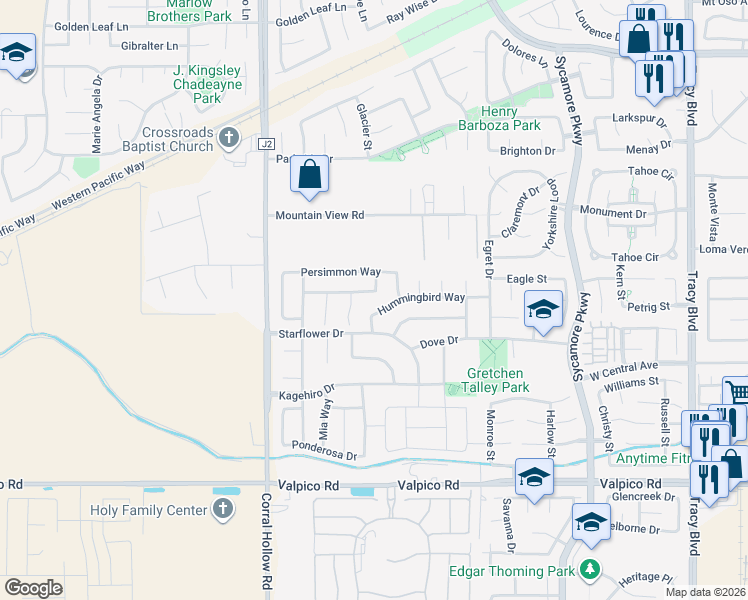 map of restaurants, bars, coffee shops, grocery stores, and more near 1780 Persimmon Way in Tracy