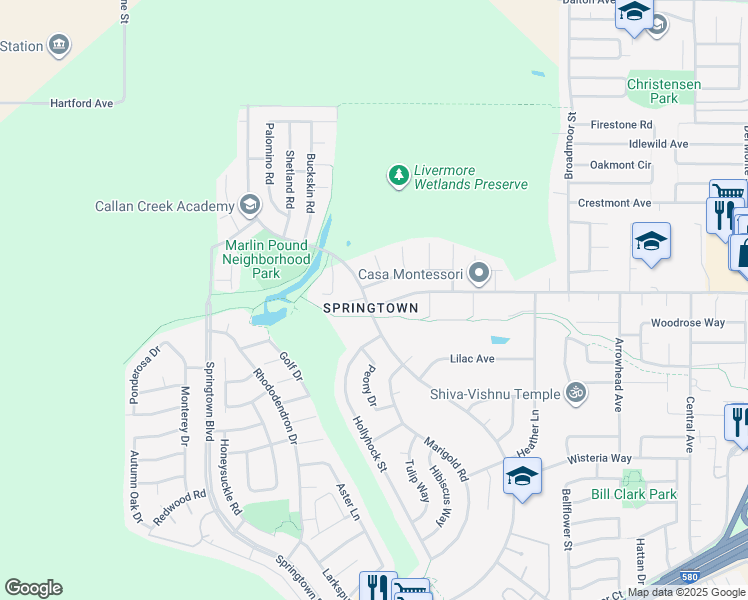 map of restaurants, bars, coffee shops, grocery stores, and more near 1899 Bluebell Drive in Livermore