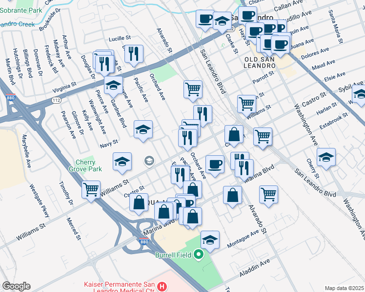 map of restaurants, bars, coffee shops, grocery stores, and more near 1671 Orchard Avenue in San Leandro