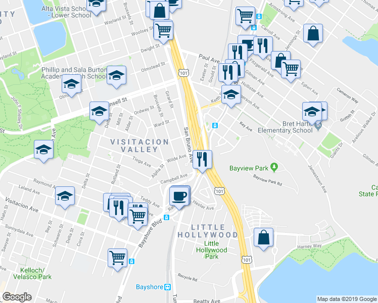 map of restaurants, bars, coffee shops, grocery stores, and more near 3510 San Bruno Avenue in San Francisco