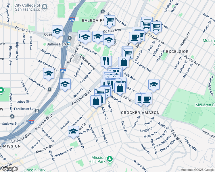 map of restaurants, bars, coffee shops, grocery stores, and more near 824 Geneva Avenue in San Francisco