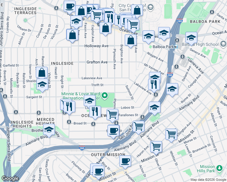 map of restaurants, bars, coffee shops, grocery stores, and more near 124 Thrift Street in San Francisco