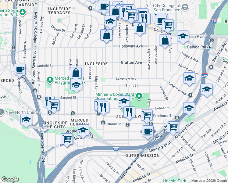 map of restaurants, bars, coffee shops, grocery stores, and more near 268 Thrift Street in San Francisco