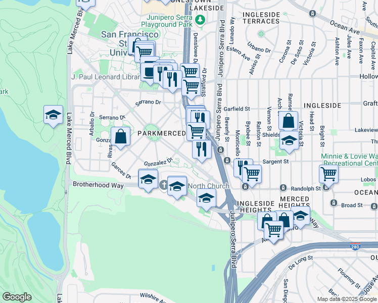 map of restaurants, bars, coffee shops, grocery stores, and more near 16 Castelo Avenue in San Francisco