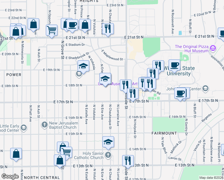 map of restaurants, bars, coffee shops, grocery stores, and more near 1901 North Lorraine in Wichita