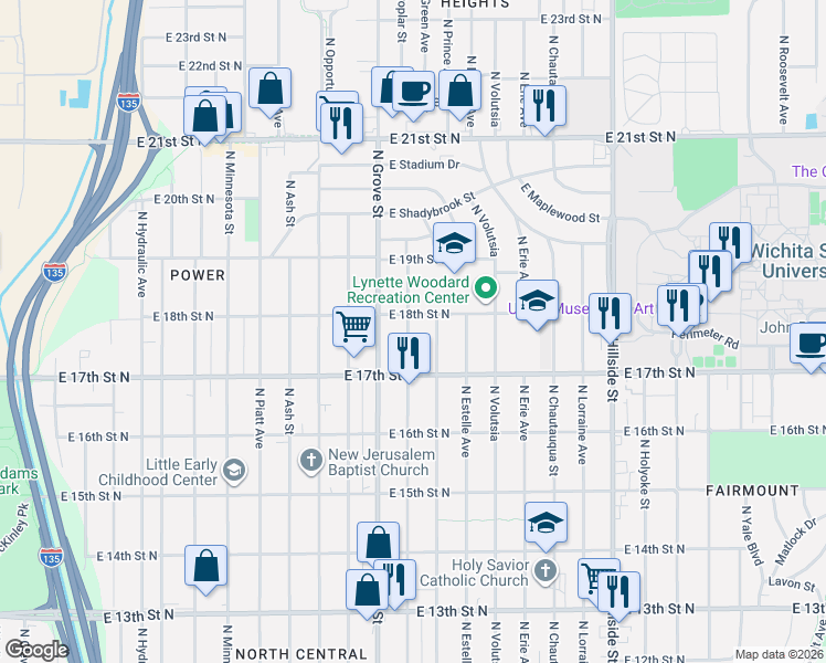 map of restaurants, bars, coffee shops, grocery stores, and more near 1858 North Poplar Avenue in Wichita