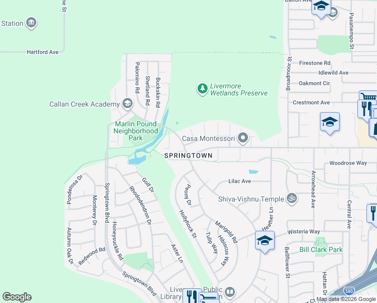 map of restaurants, bars, coffee shops, grocery stores, and more near 1817 Bluebell Drive in Livermore