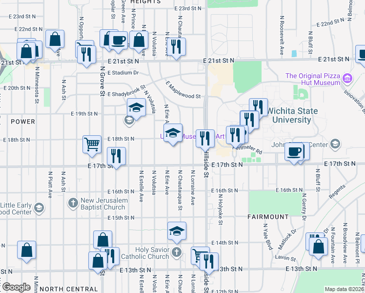 map of restaurants, bars, coffee shops, grocery stores, and more near 1901 North Lorraine in Wichita