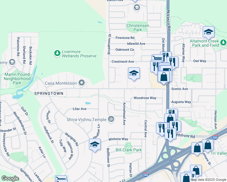 map of restaurants, bars, coffee shops, grocery stores, and more near 5361 Scenic Avenue in Livermore