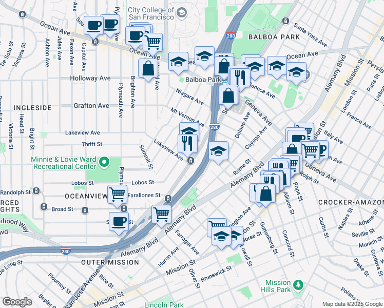 map of restaurants, bars, coffee shops, grocery stores, and more near 2544 San Jose Avenue in San Francisco
