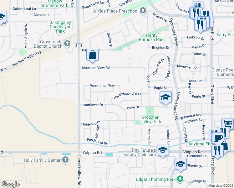 map of restaurants, bars, coffee shops, grocery stores, and more near 1705 Hummingbird Way in Tracy