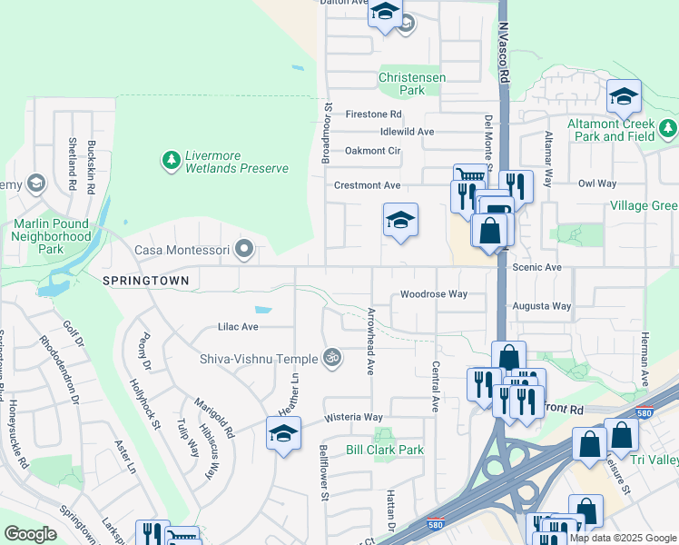 map of restaurants, bars, coffee shops, grocery stores, and more near 5361 Scenic Avenue in Livermore