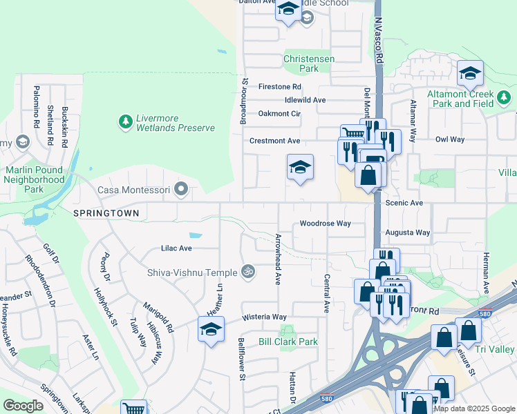 map of restaurants, bars, coffee shops, grocery stores, and more near 1662 Pinehurst Court in Livermore