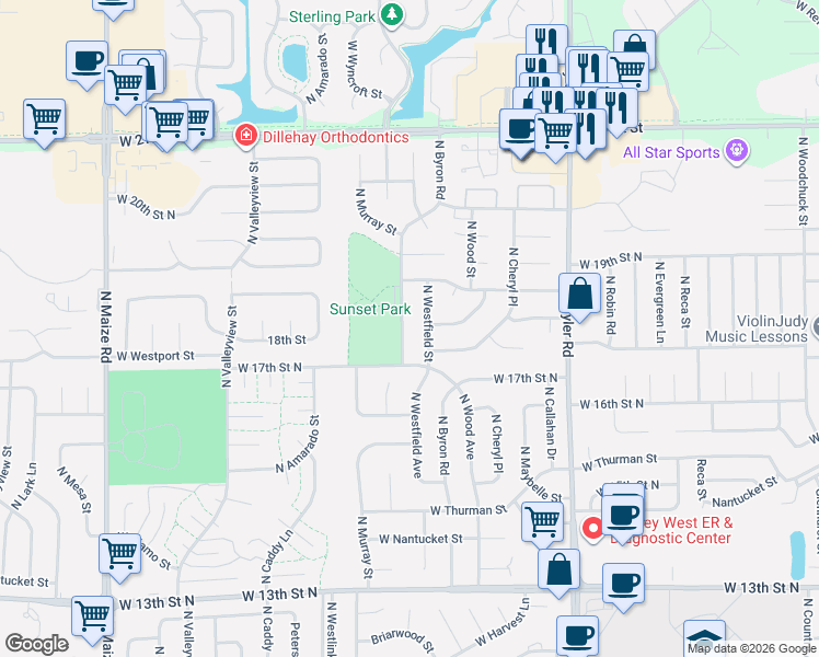 map of restaurants, bars, coffee shops, grocery stores, and more near 1907-1911 North Westfield Street in Wichita