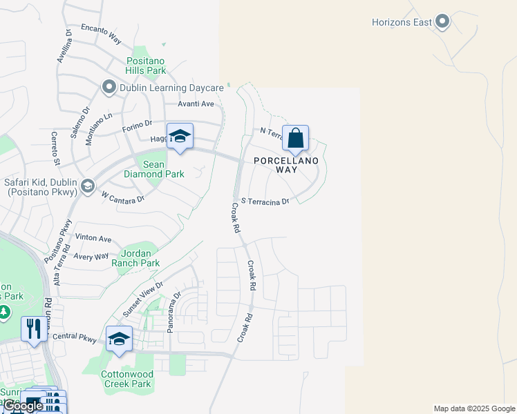 map of restaurants, bars, coffee shops, grocery stores, and more near 1856 South Terracina Drive in Dublin