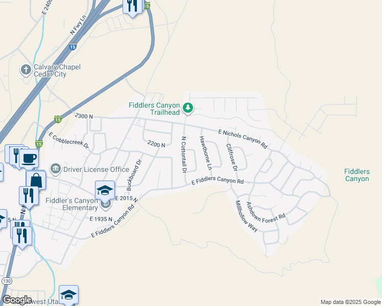 map of restaurants, bars, coffee shops, grocery stores, and more near 2205 Hawthorne Lane in Cedar City
