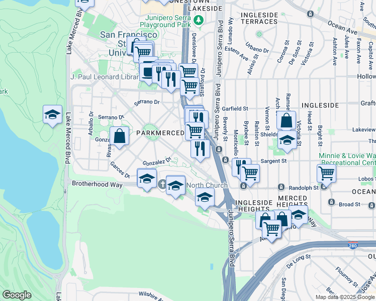 map of restaurants, bars, coffee shops, grocery stores, and more near 16 Castelo Avenue in San Francisco