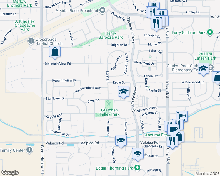 map of restaurants, bars, coffee shops, grocery stores, and more near 1922 Egret Drive in Tracy