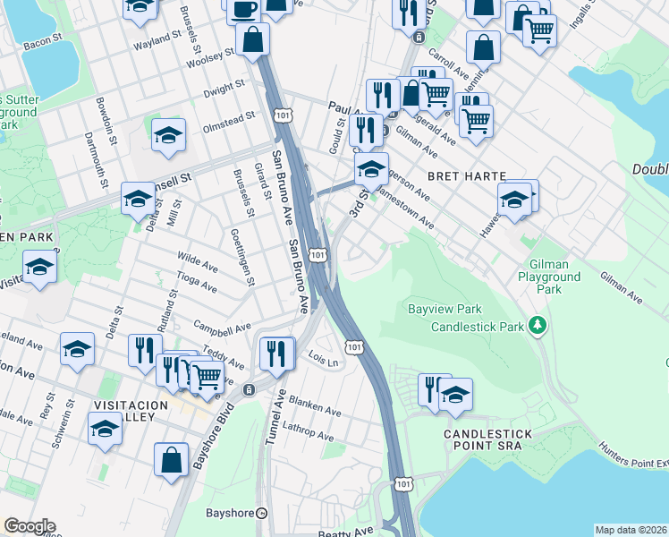 map of restaurants, bars, coffee shops, grocery stores, and more near 11103 3rd Street in San Francisco