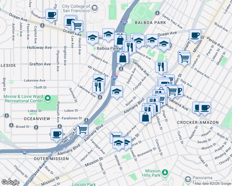 map of restaurants, bars, coffee shops, grocery stores, and more near 63 Nahua Avenue in San Francisco