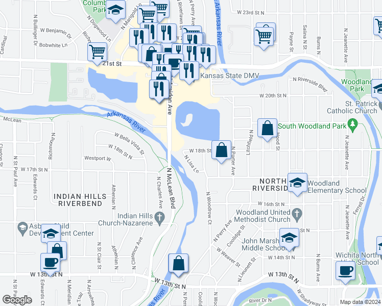 map of restaurants, bars, coffee shops, grocery stores, and more near 1827 West 18th Street North in Wichita