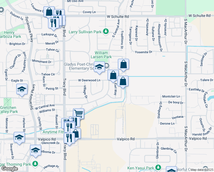 map of restaurants, bars, coffee shops, grocery stores, and more near 1881 South Central Avenue in Tracy