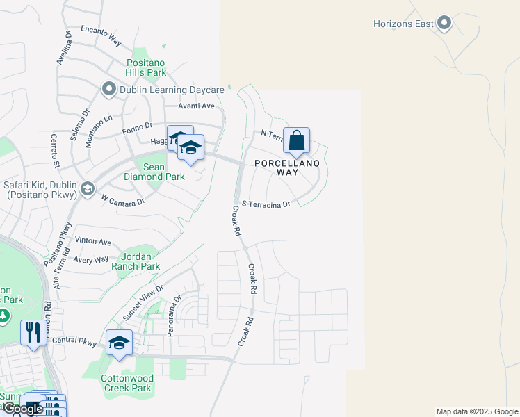 map of restaurants, bars, coffee shops, grocery stores, and more near 1856 South Terracina Drive in Dublin