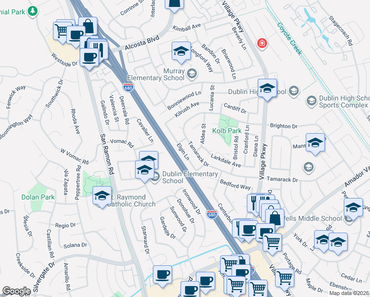 map of restaurants, bars, coffee shops, grocery stores, and more near 8155 Elgin Lane in Dublin