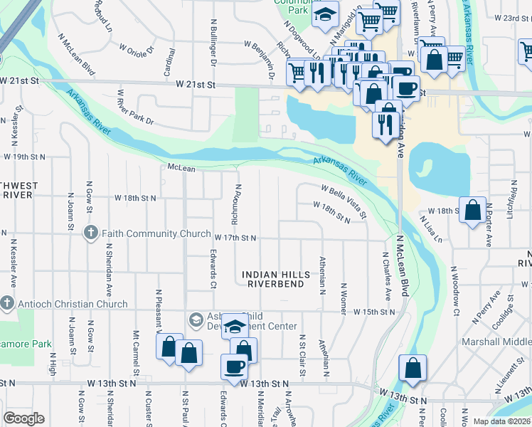 map of restaurants, bars, coffee shops, grocery stores, and more near 1902 N Meridian Ave in Wichita