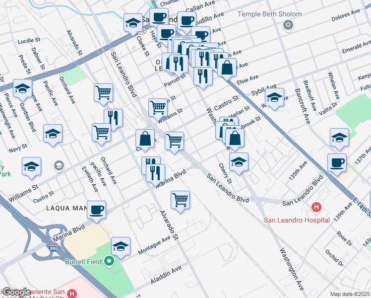 map of restaurants, bars, coffee shops, grocery stores, and more near 496 Harlan Street in San Leandro