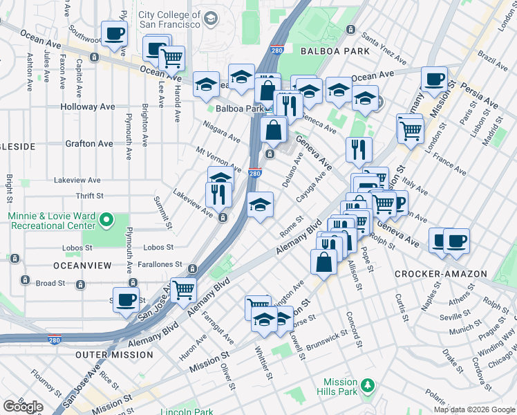 map of restaurants, bars, coffee shops, grocery stores, and more near 63 Nahua Avenue in San Francisco