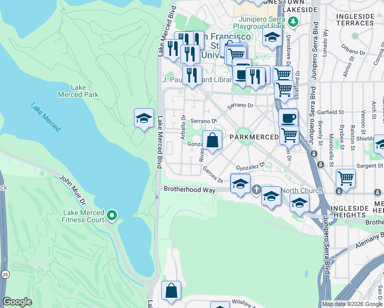 map of restaurants, bars, coffee shops, grocery stores, and more near 823-829 Gonzalez Drive in San Francisco