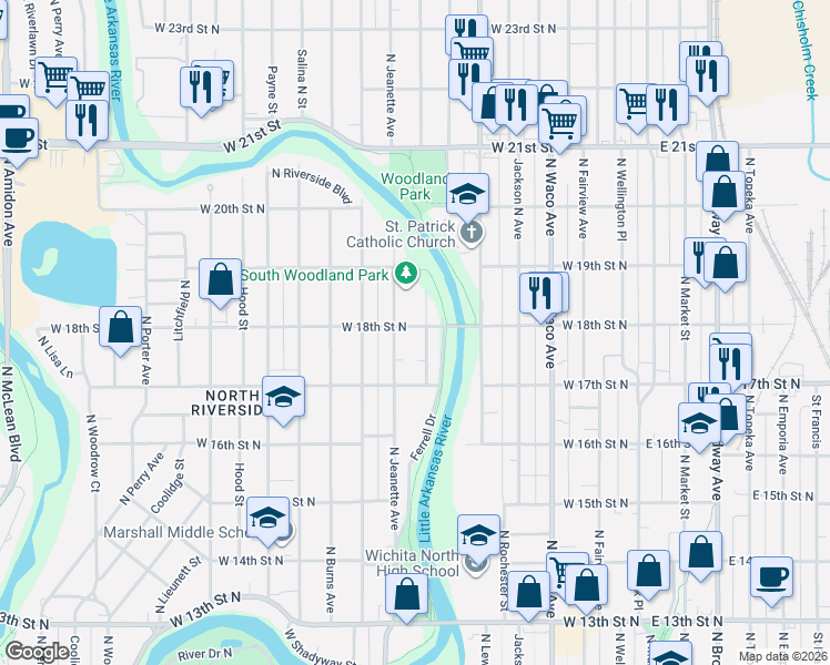 map of restaurants, bars, coffee shops, grocery stores, and more near 1911 North Heiserman in Wichita