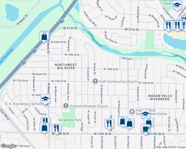 map of restaurants, bars, coffee shops, grocery stores, and more near 3305 West 18th Street North in Wichita