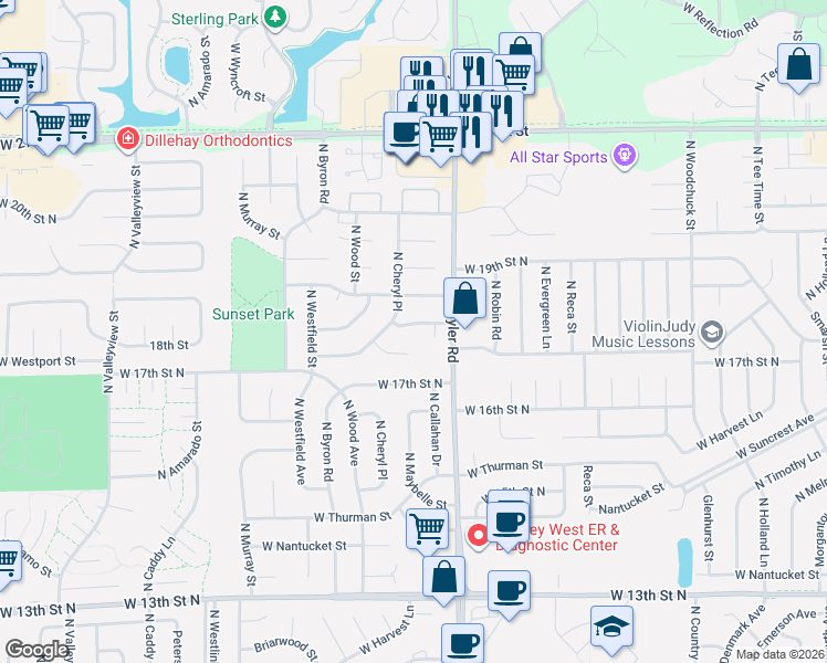 map of restaurants, bars, coffee shops, grocery stores, and more near 8918 West 18th Street North in Wichita
